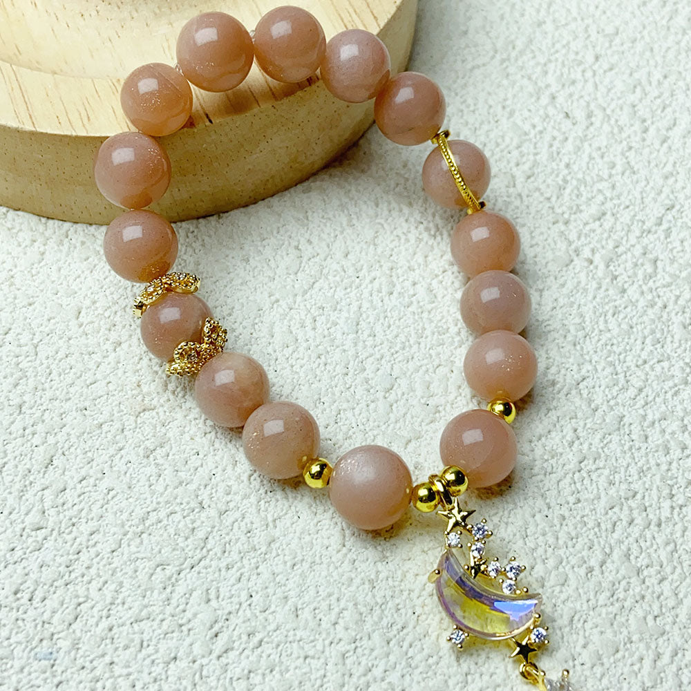 8MM Moonstone Beads With Moon Pendant Bracelet Fashion Party Jewelry Gift
