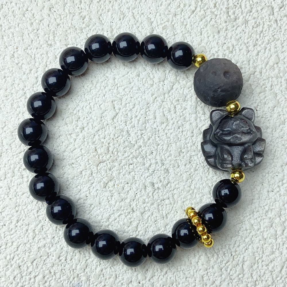 8mm Black Obsidain Beads With Silver Obsidian Nine Tailed Fox Carving Bracelet Charm Bracelet Wristband Gift