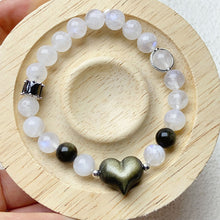 Load image into Gallery viewer, 8mm Moonstone Bead Bracelet With Golden Obsidian Heart For Women Fashion Shiny Yoga Balance Bangles