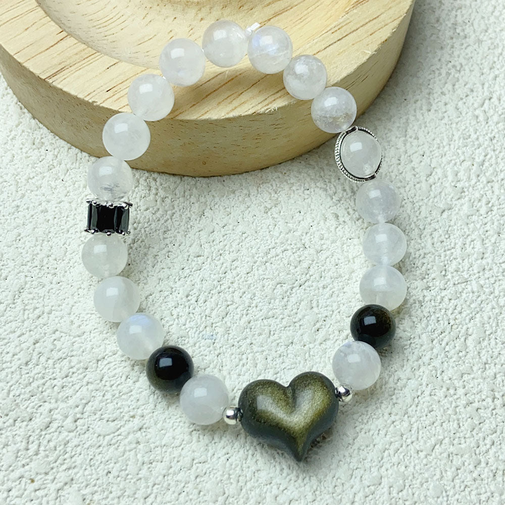 8mm Moonstone Bead Bracelet With Golden Obsidian Heart For Women Fashion Shiny Yoga Balance Bangles