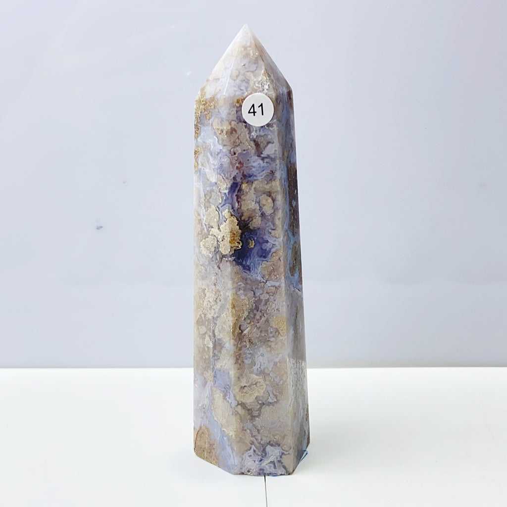 Blue Flower Agate Tower Energy Polished Healing Reiki Stone Home Decorations