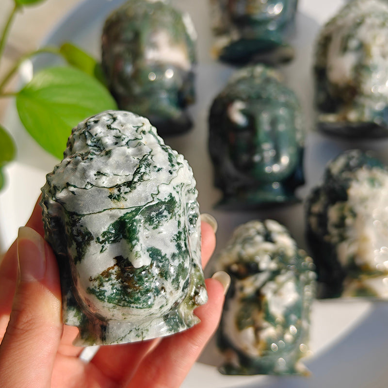Natural Moss Agate Buddha Head Crystal Carvings