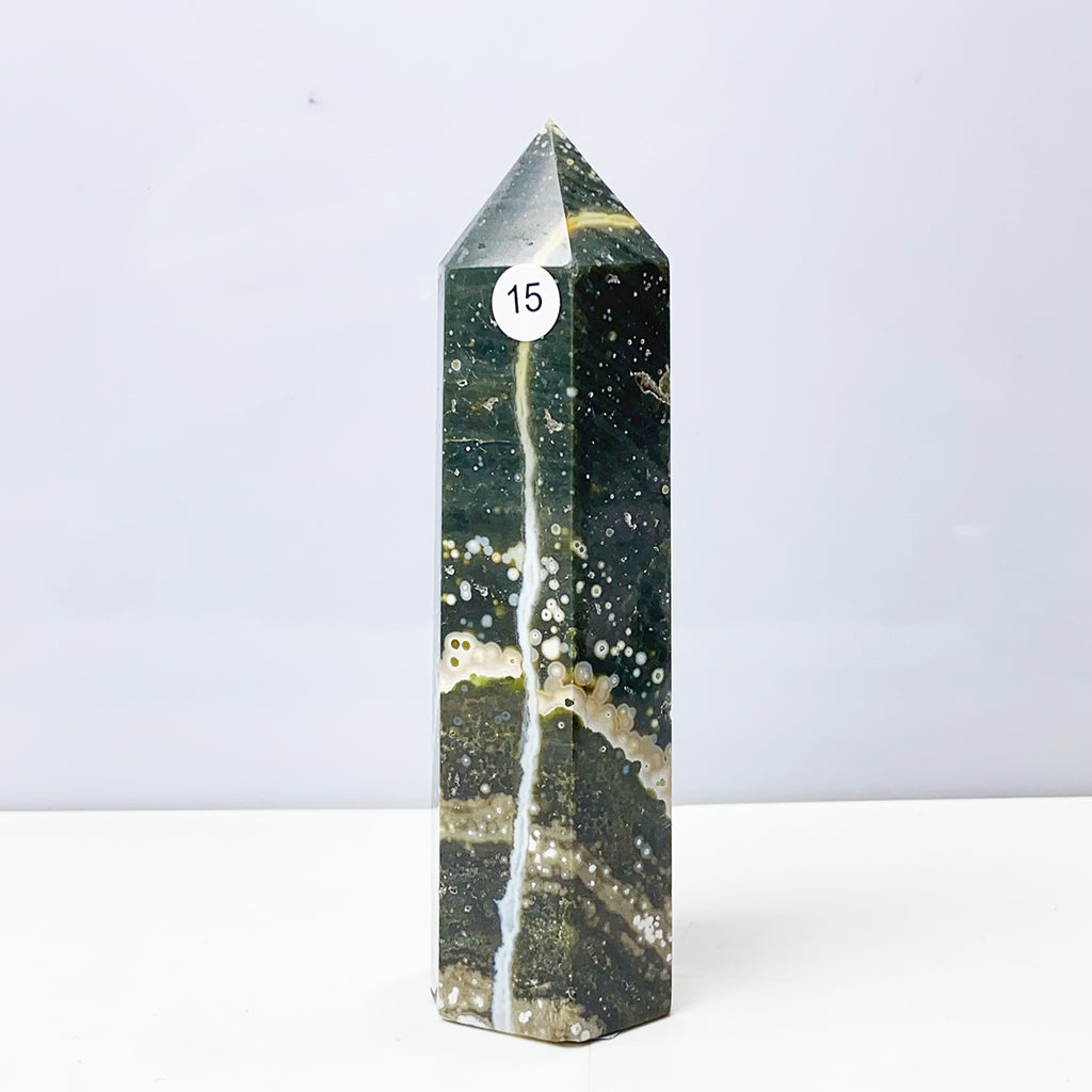 Ocean Jasper Tower Crystal Energy Stone Ornament Reiki Healing Garden Decorations