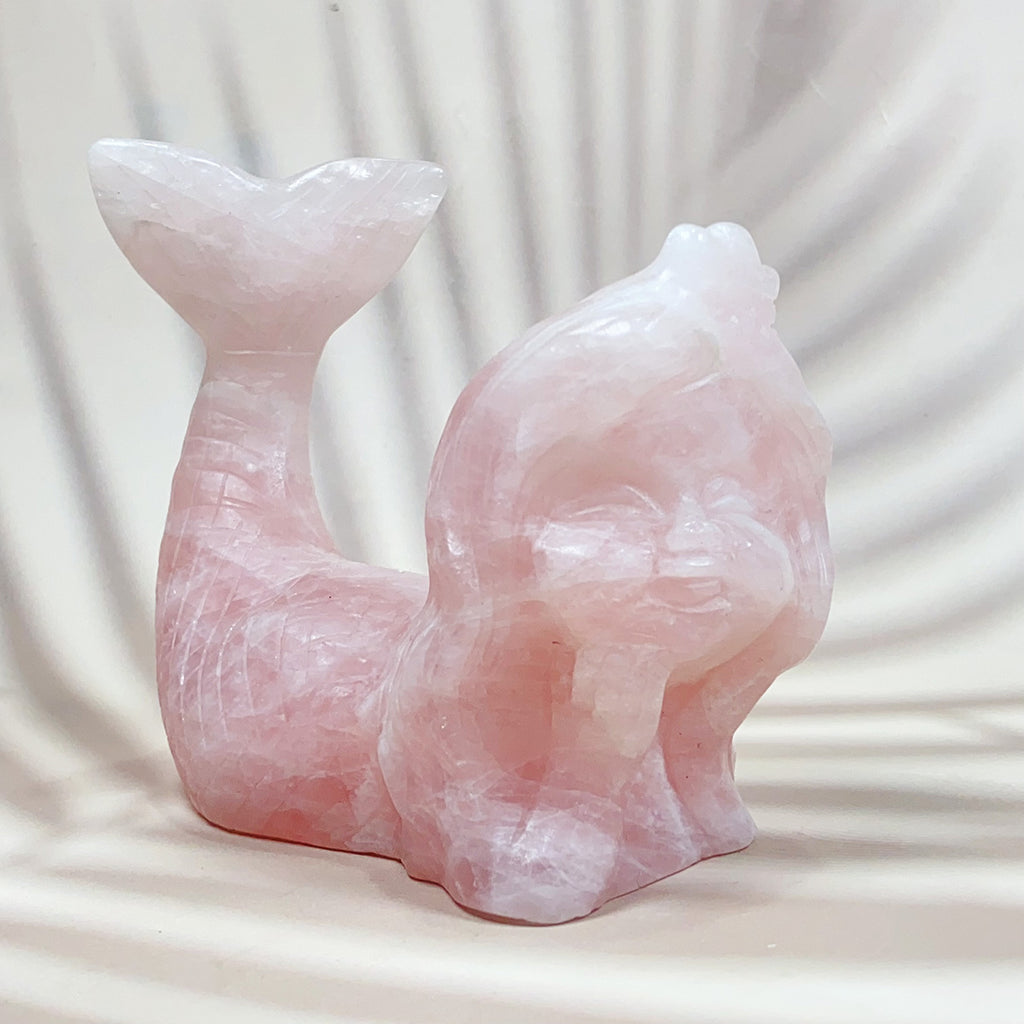 Hand Carved Crystal Mermaid Rose Quartz Strawberry Quartz Reiki Healing Home Decor