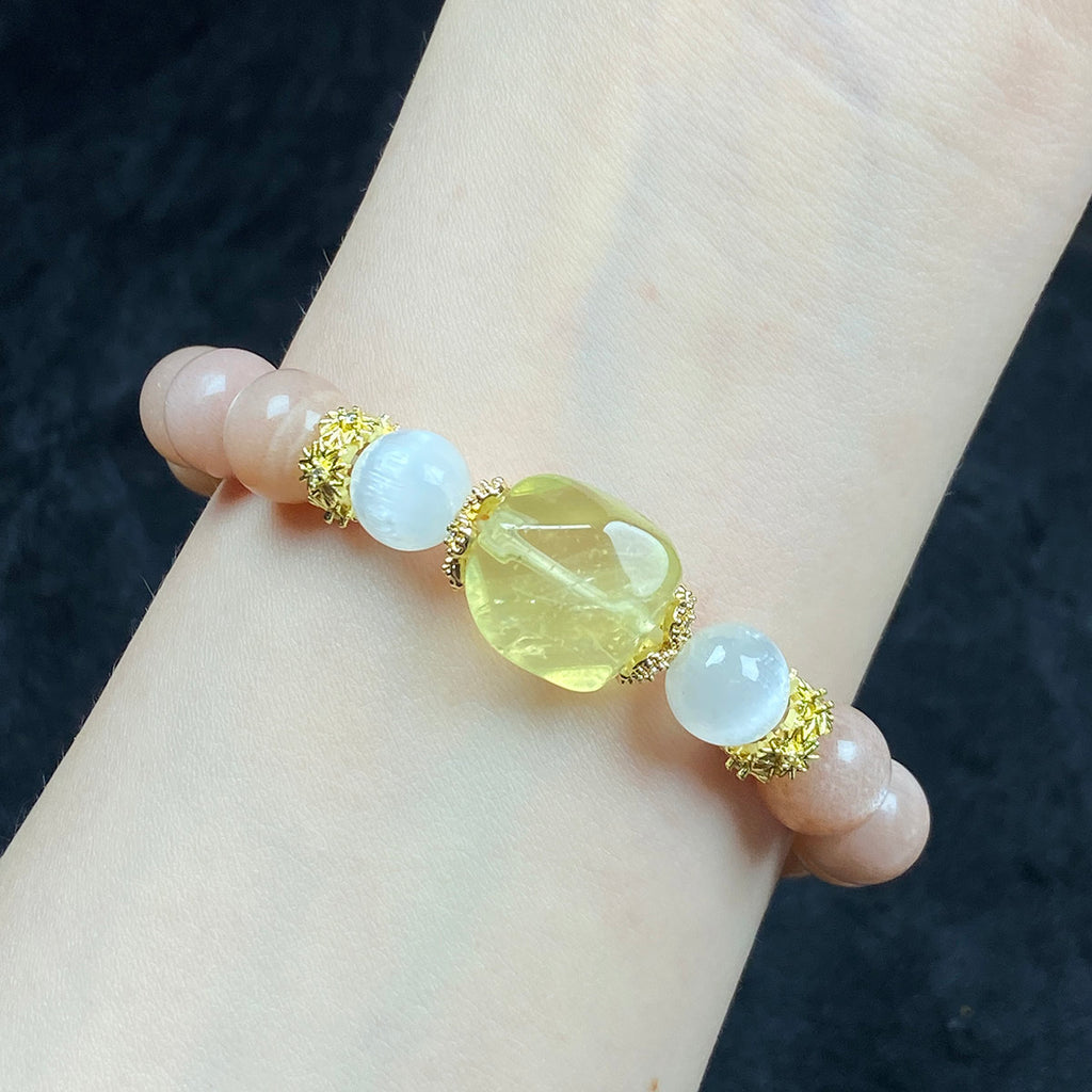 Peach Moonstone Citrine Bead With Golden Sun Chain Pendant Women Jewelry Accessories