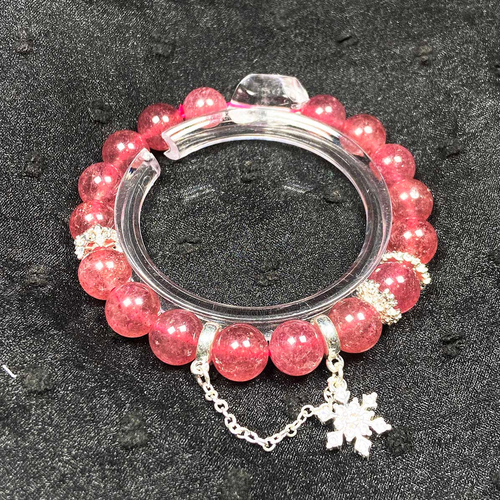8MM Strawberry Quartz With Snowflake Pendant Bracelet For Women Sweet Jewelry