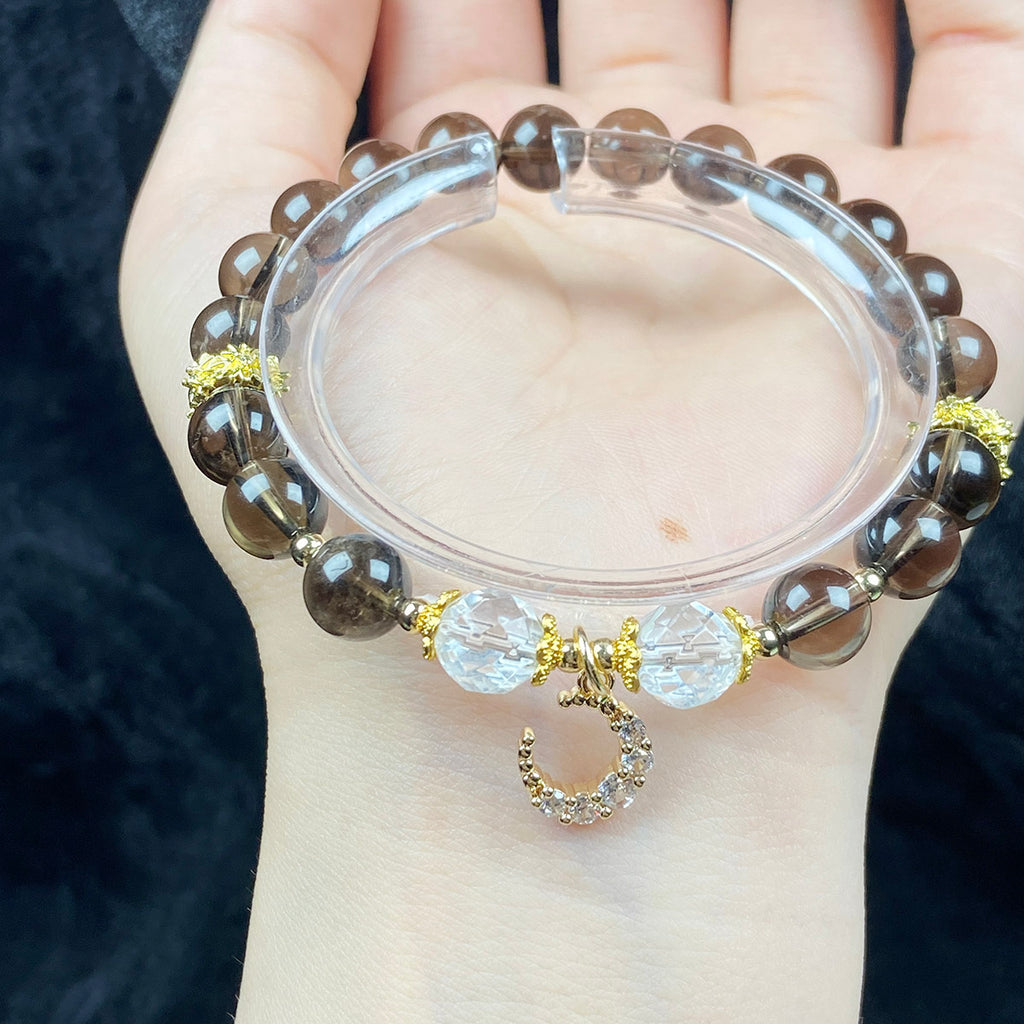 8MM Smoky Quartz Bead With Moon Accessory Design Bracelet Girls Women Jewelry