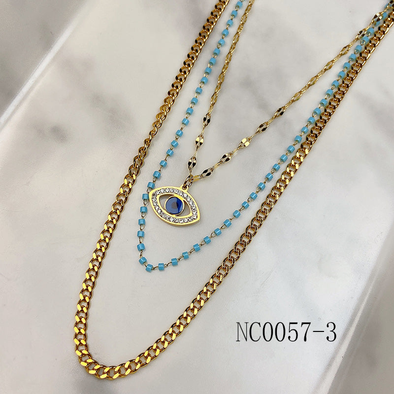 Stainless Steel Multilayer Evil Eyes  Zircon Pendant Necklace NC0057