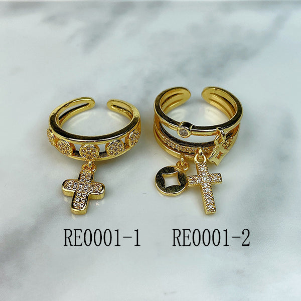 Stainless Steel Evil Eyes Imitation Pearl Cross Openings Ring RE0001