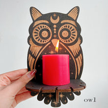 Load image into Gallery viewer, Different Style Wooden Candle Holder Owl/Cat/Snake/Wolf/Butterfly/Evileyes