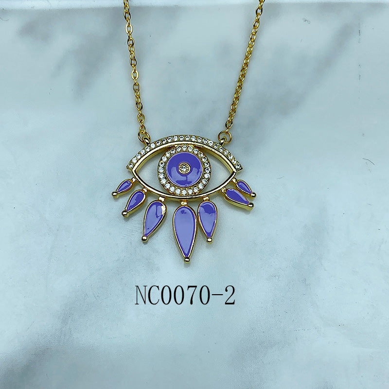 Stainless Steel Enamel Evil Eyes Zircon Pendant Necklace NC0070