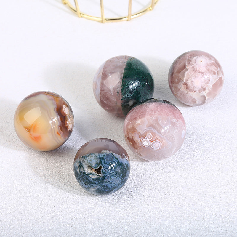 Rose Quartz With Flower Agate With Moss Agate Sphere
