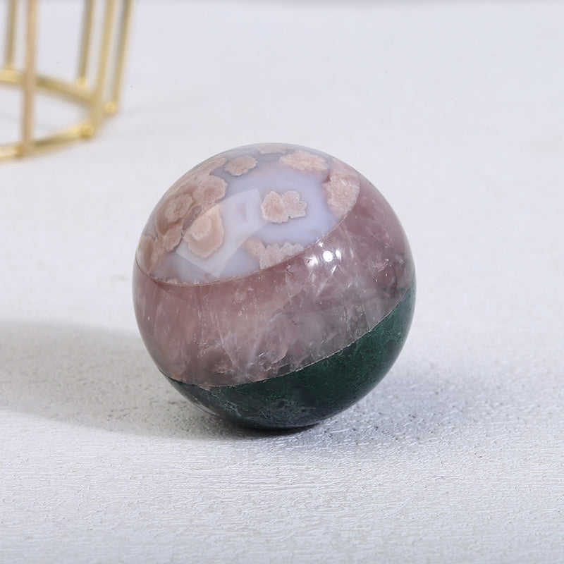 Rose Quartz With Flower Agate With Moss Agate Sphere